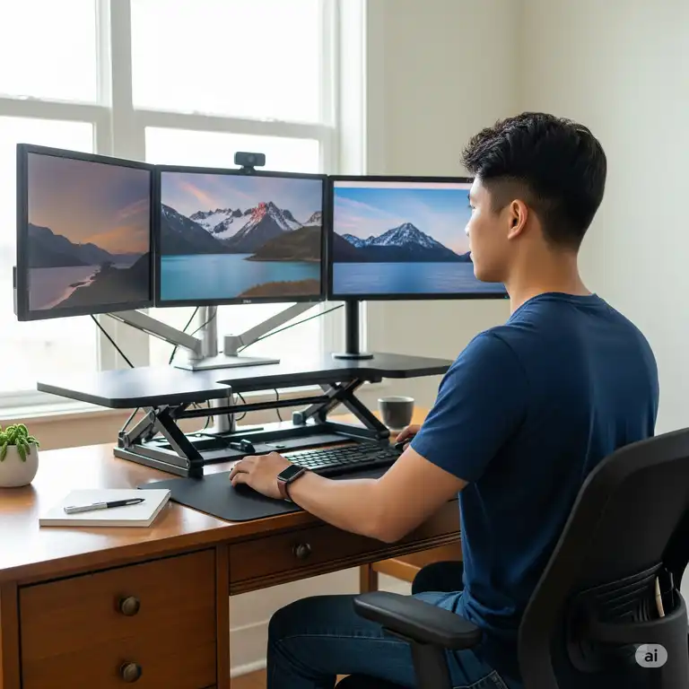 A person working at a comfortable ergonomic setup with a 3 monitor standing desk converter on a traditional desk.