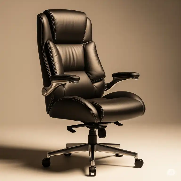 A high-back executive american made office chairs, upholstered in black leather, proudly showcasing its craftsmanship and ergonomic design.