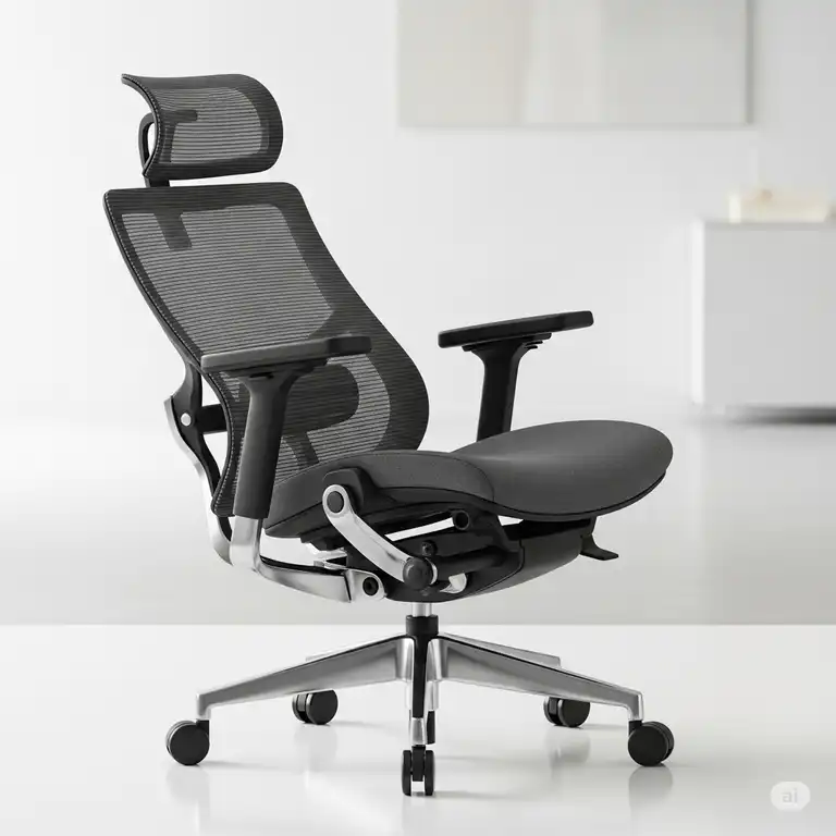 An ergonomic office chair that leans back, offering lumbar support and a comfortable recline for long workdays.