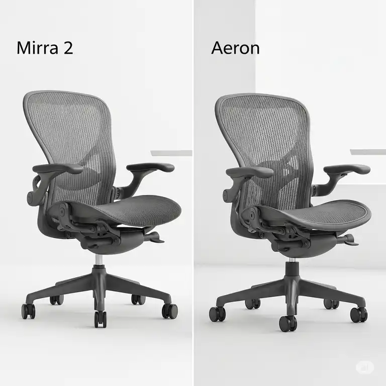 A side-by-side comparison of Herman Miller **Mirra 2 vs Aeron** ergonomic office chairs, highlighting design and comfort differences.