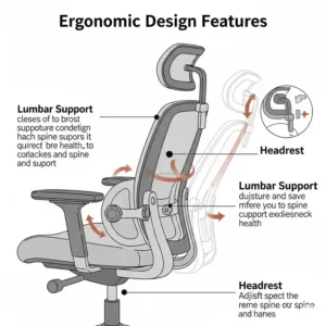 Illustration showing the ergonomic design features of a chiropractor recommended office chair, highlighting adjustable lumbar support and headrest.