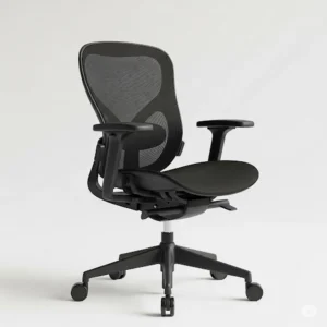 Sleek, black ergonomic office chair, an affordable herman miller alternative, designed for long hours of comfortable work without a headrest.