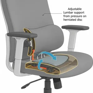 Close-up illustration highlighting the adjustable lumbar support feature of a chair for a herniated disc.