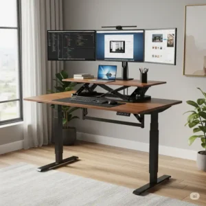 Fully extended 3 monitor standing desk converter showing its maximum height for comfortable standing work.
