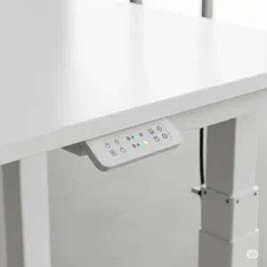 "Close-up of white desk adjustable height mechanism"