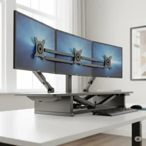 A 3 monitor standing desk converter in its lowered position, allowing for seamless transition to sitting.