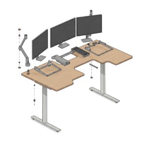 Exploded view illustration showing the key components of a 3 monitor standing desk and its assembly.