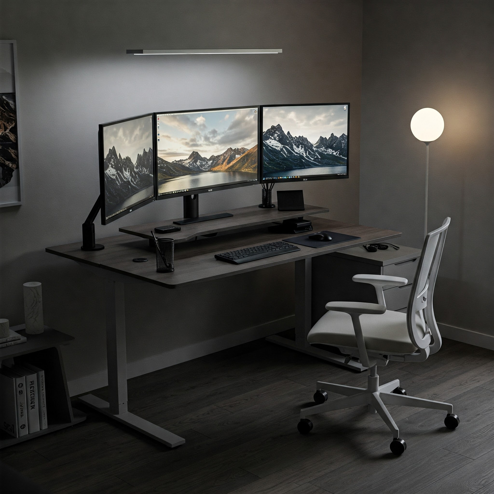 A modern 3 monitor standing desk setup with ergonomic design for productive work.