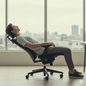 A person comfortably leaning back in an adjustable office chair that leans back, demonstrating the full recline function for relaxation.
