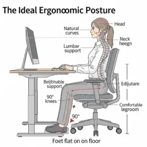 Diagram illustrating proper ergonomic posture for a short person using desk chairs for short people, with feet flat on the floor and a comfortable knee angle for optimal support.