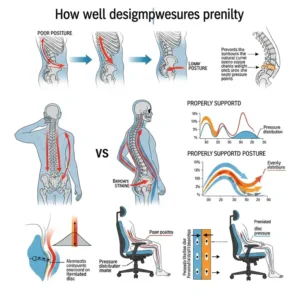 Diagram showing a chair with a recline function, demonstrating how different recline angles can reduce compression on a herniated disc.