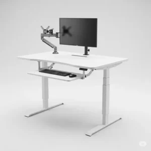 "White desk adjustable for sitting and standing positions"