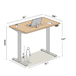36 standing desk dimensions diagram, highlighting its compact size and suitability for small spaces.