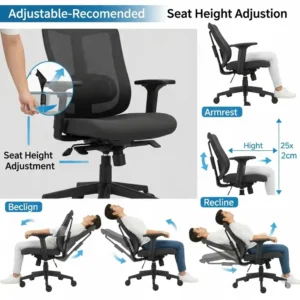 Visual representation of adjustable features on a chiropractor recommended office chair, including seat height, armrests, and recline.
