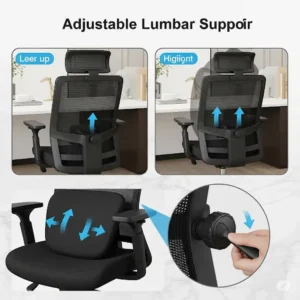 Illustration showcasing adjustable lumbar support on desk chairs for short people, crucial for maintaining natural spinal alignment and preventing back pain.