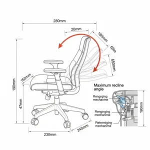 Diagram illustrating the dimensions of an office chair that leans back, highlighting its maximum recline angle.