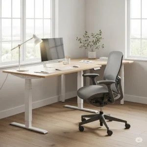 Complete ergonomic workspace featuring a standing desk and a comfortable office chair, a smart herman miller alternative for a healthy work setup.