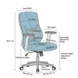 Dimensions diagram of a desk chair light blue, illustrating adjustable parts and overall size.