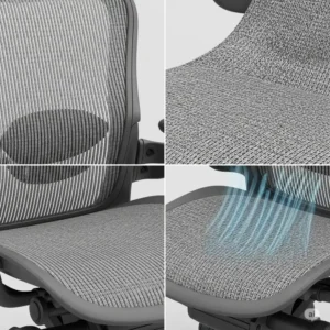 Visual comparison of breathable mesh seat materials used in **Mirra 2 vs Aeron** chairs, focusing on comfort and durability.