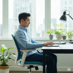 "Person comfortably working in an office chair flip up arms in the down position, providing full arm support."