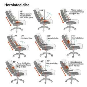 Infographic illustrating how a well-designed chair distributes pressure evenly, promoting healing for a herniated disc.