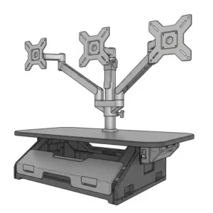 Close-up illustration of the sturdy base and secure mounting arms of a 3 monitor standing desk converter.