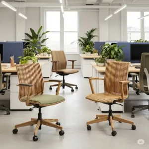An illustration depicting an office environment furnished with american made office chairs, emphasizing the use of sustainable materials and eco-friendly manufacturing processes.