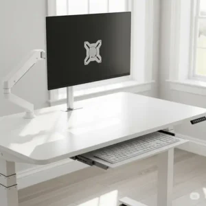"White desk adjustable with ergonomic accessories"