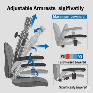 Graphic demonstrating adjustable armrests on desk chairs for short people, designed to be lowered sufficiently to accommodate a short person's arms comfortably at desk height.