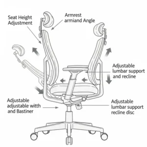 Schematic drawing of a chair with arrows pointing to various adjustable components, essential for customizing the best chair for a herniated disc.