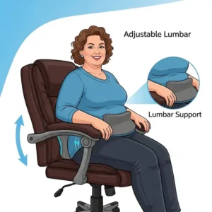 An illustration focusing on the adjustable lumbar support feature of bariatric office desk chairs, promoting good posture and spinal health for users.