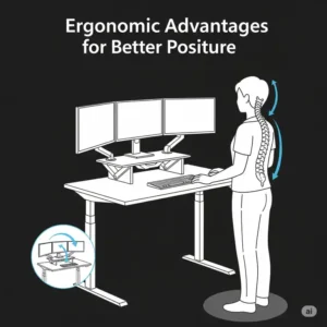 Illustration demonstrating the ergonomic benefits of using a 3 monitor standing desk converter for improved posture.
