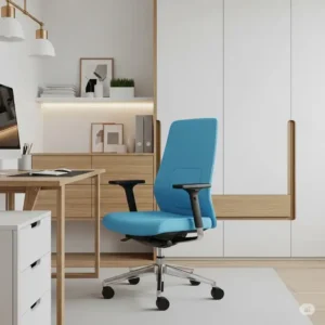 A sleek desk chair light blue in a minimalist office setting, providing a touch of color.