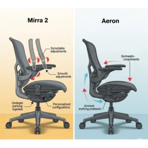 Illustration detailing adjustable armrest options and flexibility on **Mirra 2 vs Aeron** office chairs for optimal support.