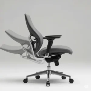 Side view of a modern office chair that leans back showing its integrated lumbar support and how it effectively reclines for posture.