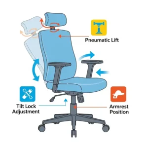 Highlighting the adjustable features of a desk chair light blue, including levers and controls.
