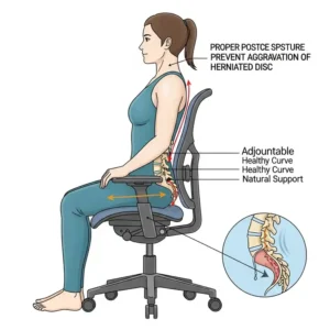 Illustration demonstrating proper sitting posture in an ergonomic chair, emphasizing how it supports the natural curve of the spine to prevent aggravation of a herniated disc.