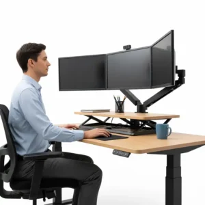 Smooth transition from sitting to standing shown on a 3 monitor standing desk converter.