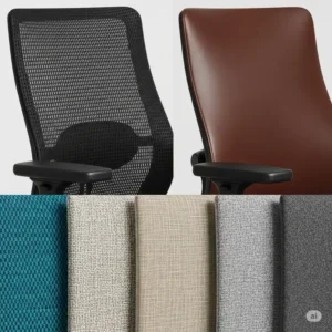 Collection of upholstery options available for an office chair that leans back, including mesh, leather, and fabric.