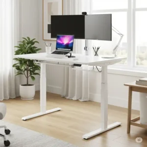 "Versatile white desk adjustable for different setups"