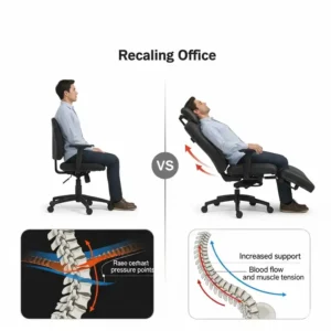 Visual comparison between a standard office chair and one that leans back, highlighting the benefits of recline.
