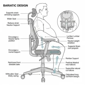 An illustration outlining the ergonomic design of bariatric office desk chairs, showing how it supports proper alignment and reduces strain during long work hours.