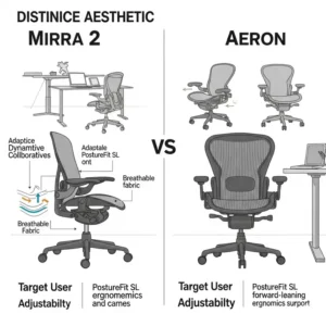 Infographic highlighting distinct aesthetic and design philosophies of **Mirra 2 vs Aeron** chairs to suit different office styles.