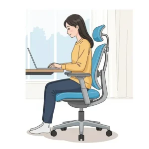 Illustration of a person comfortably using a desk chair light blue while working on a computer.