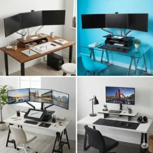 Various desk setups showcasing the versatility of a 3 monitor standing desk converter on different surfaces.