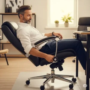A person adjusting the recline tension knob on an office chair that leans back, customizing their seating experience.