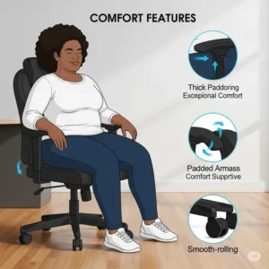 An illustration showcasing various comfort features of bariatric office desk chairs, such as thick padding, padded armrests, and smooth-rolling casters.