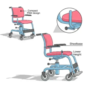 Conceptual illustration highlighting the compact design elements of desk chairs for short people, including a smaller wheelbase for stability.