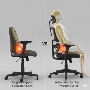 Side-by-side comparison illustrating the difference between a poorly designed chair and an ergonomic chair for a herniated disc.
