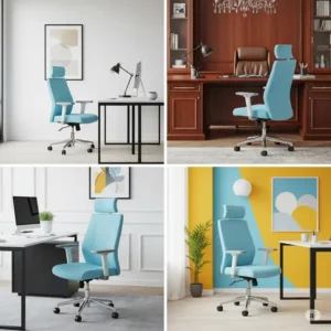 Multiple angle views of a stylish desk chair light blue, showcasing its design.
